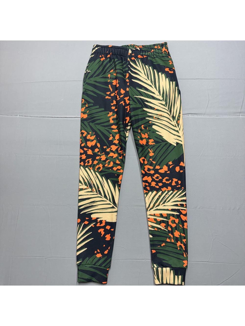 Fashion Nova Womens Joggers XS Green Orange Tropical Palm Leopard Print Pants